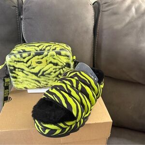 UGG Kids' Neon Yellow and Black Fuzzy Bag and Sandal Set